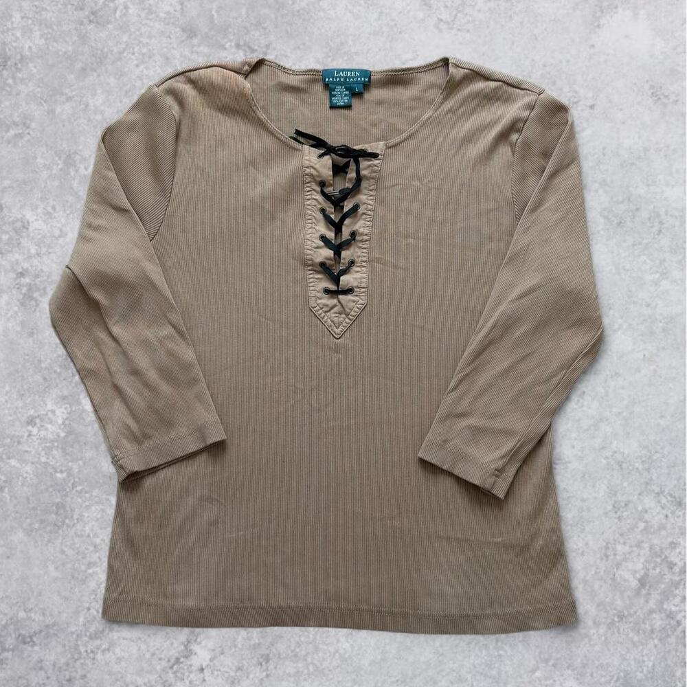 Ralph Lauren Y2K Tan Brown Lace Up Collar 3/4 Sleeve Top - Size L
